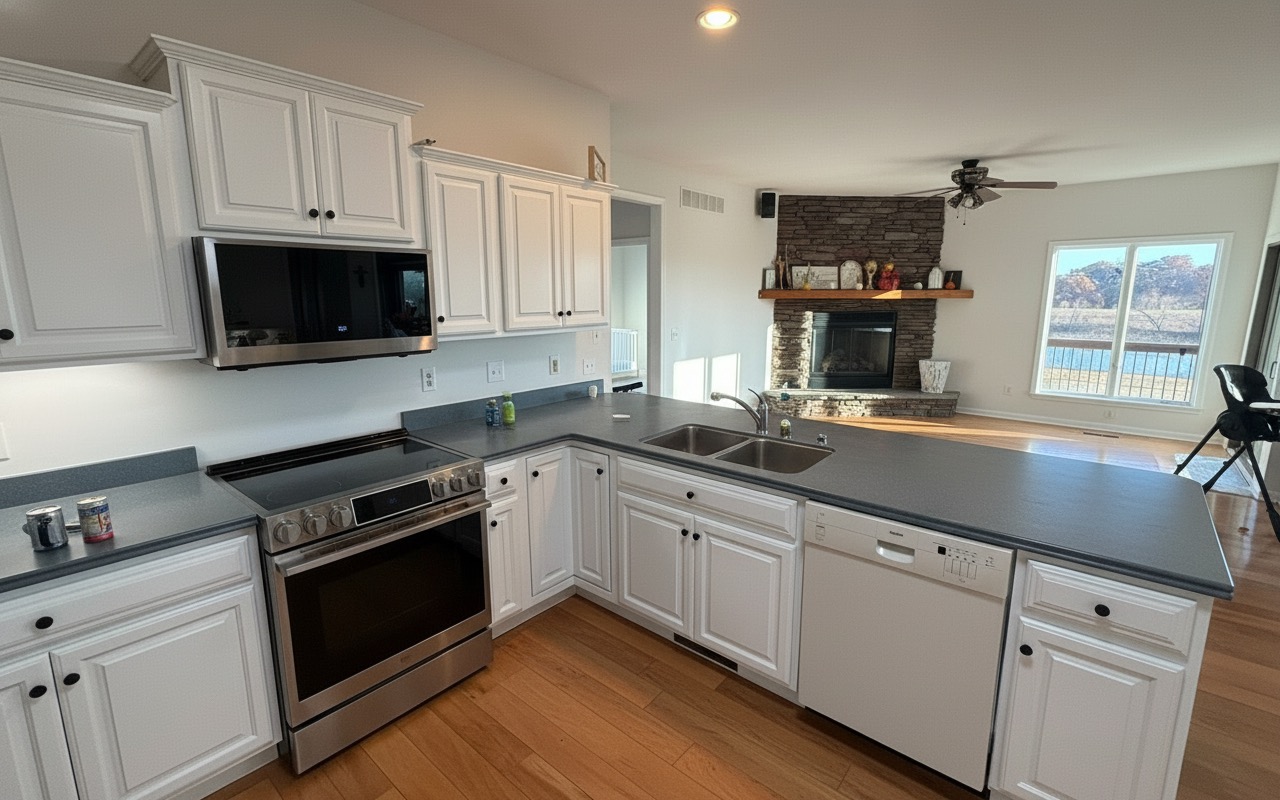 Kitchen after — Atlas Painting refinished the cabinets white